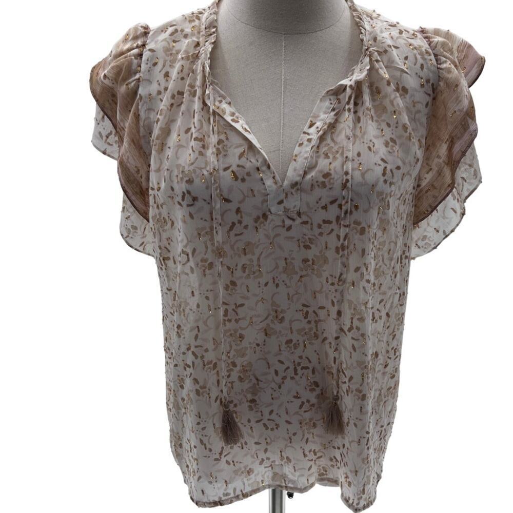 Lovestitch Cream/Brown/Metallic V-Neck Ruffled Short Sleeve Peasant Top- M